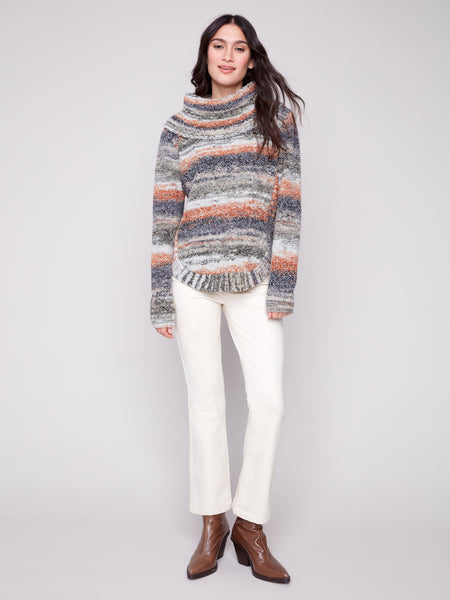 CHARLIE B C2316 COWL NECK ROUND HEM CABLE SWEATER
