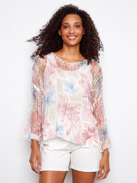 CHARLIE B C2326Z PRINTED 3/4 SLEEVE FISHNET V-NECK SWEATER