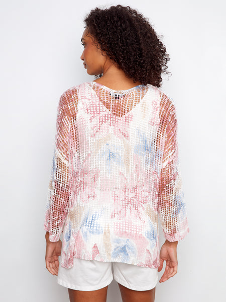 CHARLIE B C2326Z PRINTED 3/4 SLEEVE FISHNET V-NECK SWEATER