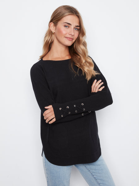 CHARLIE B C2380YR SWEATER WITH LACE WORK SLEEVE 3 COLOURS