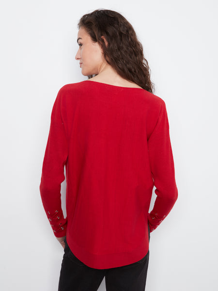 CHARLIE B C2380YR SWEATER WITH LACE WORK SLEEVE 3 COLOURS