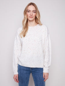 CHARLIE B C2526X CREW NECK BRAIDED LOVE SWEATER