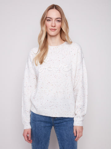 CHARLIE B C2526X CREW NECK BRAIDED LOVE SWEATER