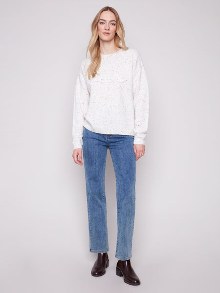 CHARLIE B C2526X CREW NECK BRAIDED LOVE SWEATER