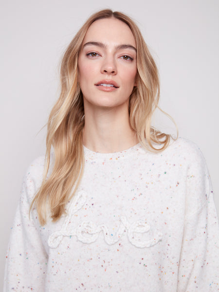 CHARLIE B C2526X CREW NECK BRAIDED LOVE SWEATER