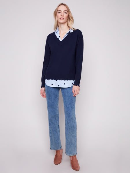 CHARLIE B C2568E V-NECK FOOLER SWEATER WITH POPLIN SHIRT COLLAR