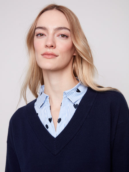 CHARLIE B C2568E V-NECK FOOLER SWEATER WITH POPLIN SHIRT COLLAR
