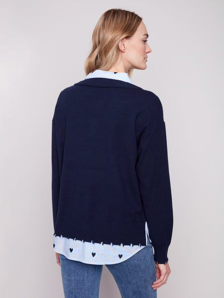 CHARLIE B C2568E V-NECK FOOLER SWEATER WITH POPLIN SHIRT COLLAR