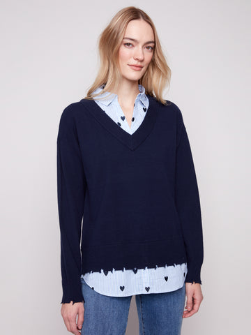 CHARLIE B C2568E V-NECK FOOLER SWEATER WITH POPLIN SHIRT COLLAR