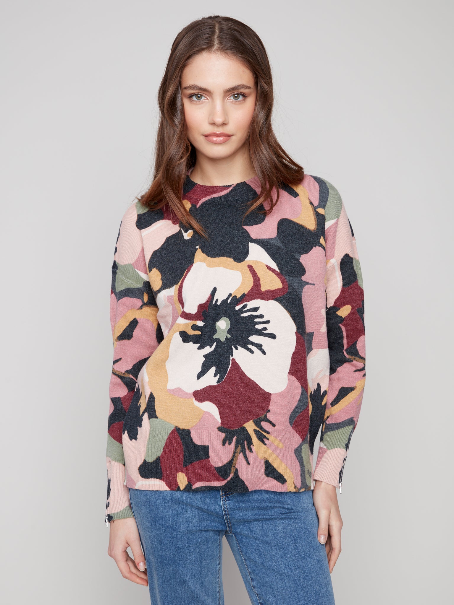 CHARLIE B C2574RR PRINTED MOCK NECK SWEATER WITH ZIPPER DETAILS