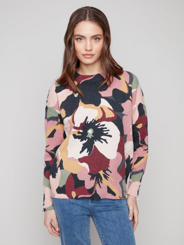 CHARLIE B C2574RR PRINTED MOCK NECK SWEATER WITH ZIPPER DETAILS