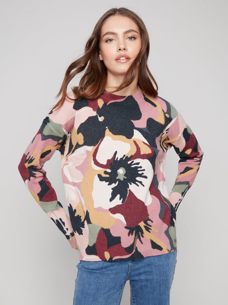 CHARLIE B C2574RR PRINTED MOCK NECK SWEATER WITH ZIPPER DETAILS