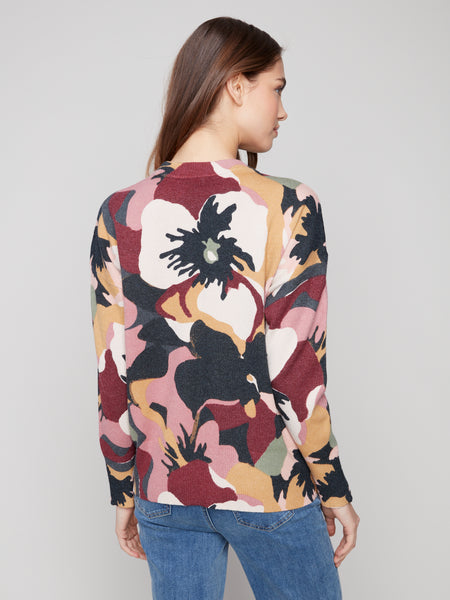 CHARLIE B C2574RR PRINTED MOCK NECK SWEATER WITH ZIPPER DETAILS