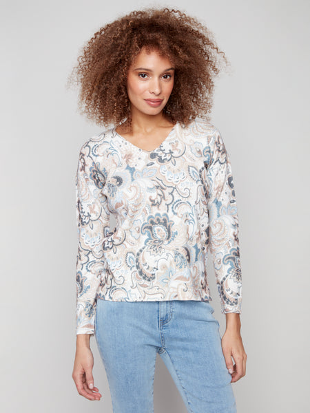 CHARLIE B C2581D PLUSHY PRINTED V-NECK SWEATER