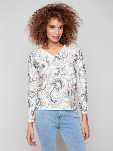 CHARLIE B C2581D PLUSHY PRINTED V-NECK SWEATER