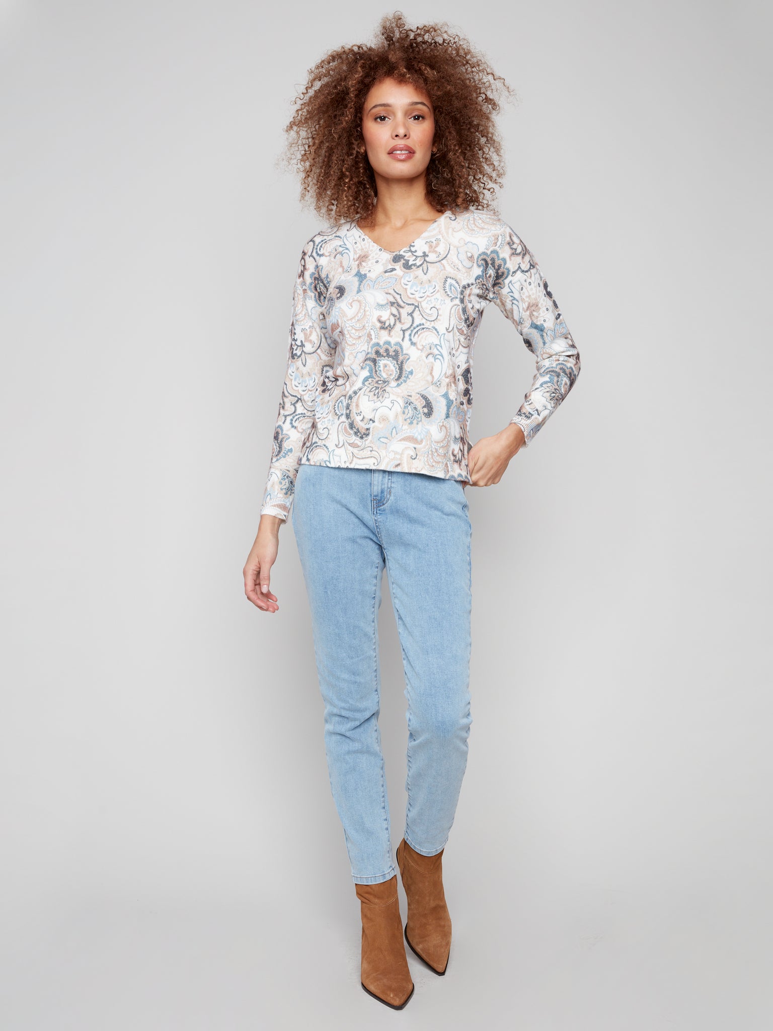 CHARLIE B C2581D PLUSHY PRINTED V-NECK SWEATER