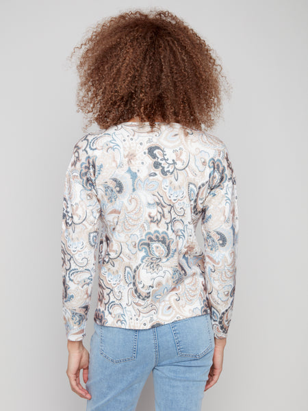 CHARLIE B C2581D PLUSHY PRINTED V-NECK SWEATER