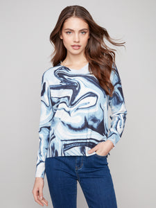 CHARLIE B C2581RR PLUSHY PRINTED V-NECK SWEATER
