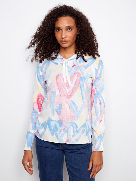 CHARLIE B C2616RR REVERSE PRINT LONG SLEEVE HOODIE SWEATER- 3 COLOURS