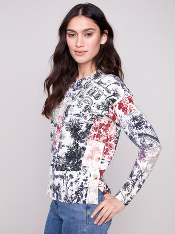 CHARLIE B C2668PR PRINTED SWEATER WITH SIDE BUTTONS