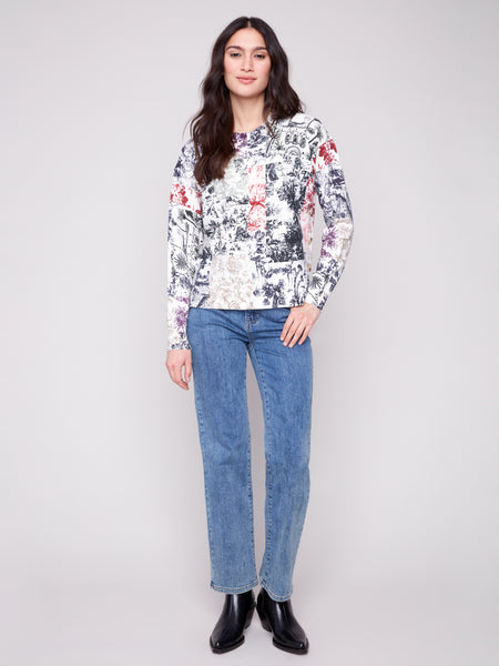 CHARLIE B C2668PR PRINTED SWEATER WITH SIDE BUTTONS