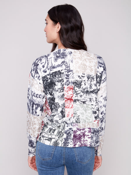 CHARLIE B C2668PR PRINTED SWEATER WITH SIDE BUTTONS