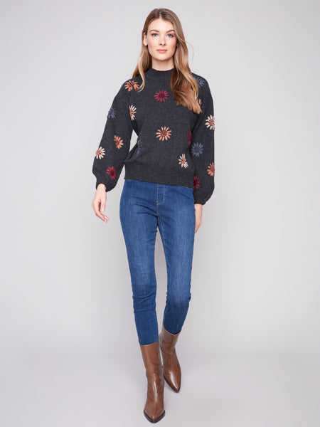 CHARLIE B C2689E MOCK NECK SWEATER WITH EMBROIDERY