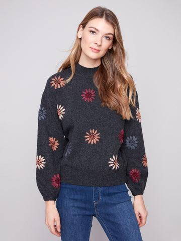 CHARLIE B C2689E MOCK NECK SWEATER WITH EMBROIDERY