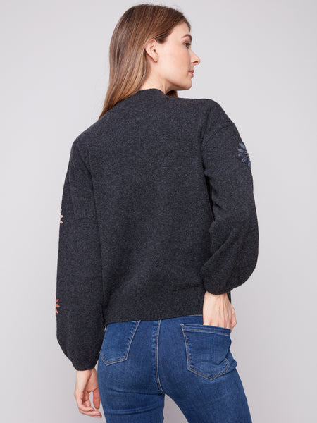 CHARLIE B C2689E MOCK NECK SWEATER WITH EMBROIDERY