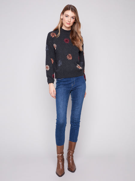 CHARLIE B C2689E MOCK NECK SWEATER WITH EMBROIDERY