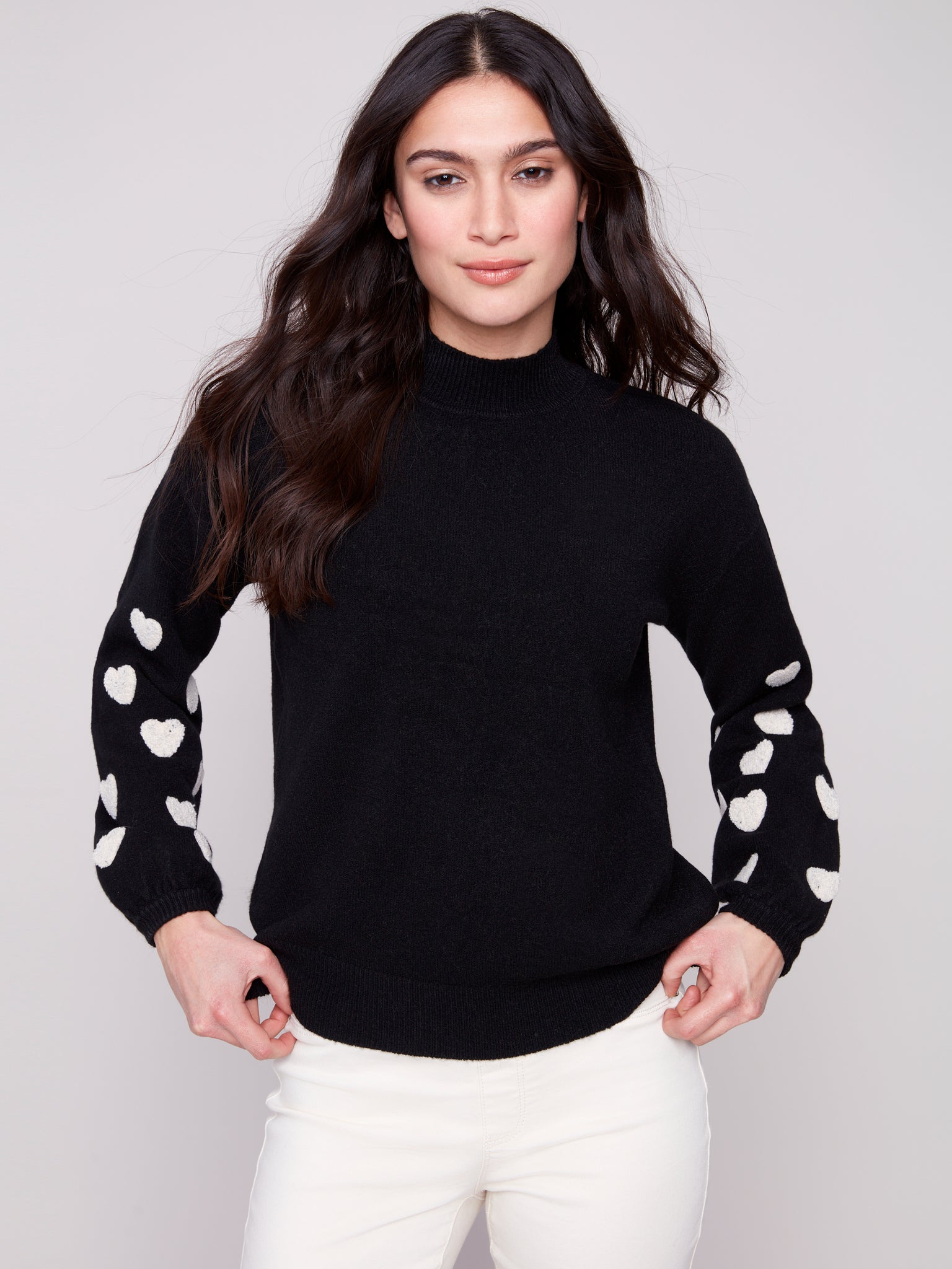 CHARLIE B C2689R MOCK NECK SWEATER WITH EMBROIDERY