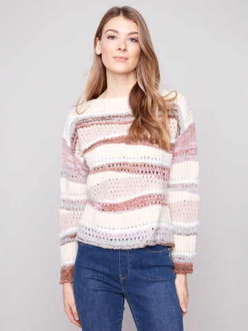 CHARLIE B C2731R PATCHWORK KNIT DROP SHOULDER SWEATER 2 COLOURS