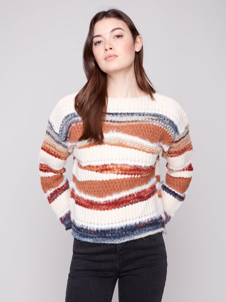 CHARLIE B C2731R PATCHWORK KNIT DROP SHOULDER SWEATER 2 COLOURS