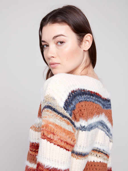 CHARLIE B C2731R PATCHWORK KNIT DROP SHOULDER SWEATER 2 COLOURS