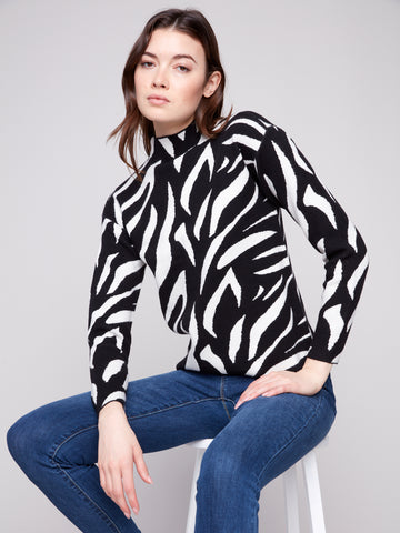 CHARLIE B C2762R MOCK NECK ALL OVER JACQUARD SWEATER
