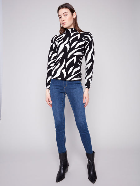CHARLIE B C2762R MOCK NECK ALL OVER JACQUARD SWEATER