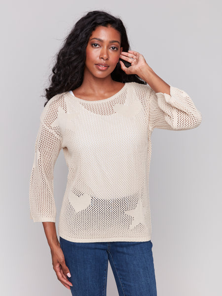 CHARLIE B C2793 JACQUARD KNIT CROCHET SWEATER- 2 COLOURS
