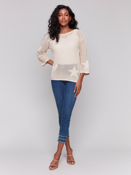 CHARLIE B C2793 JACQUARD KNIT CROCHET SWEATER- 2 COLOURS