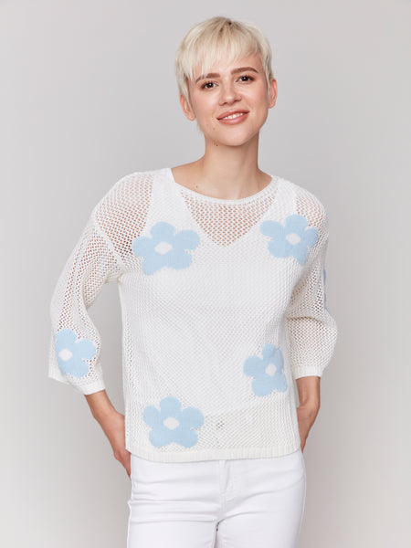 CHARLIE B C2793 JACQUARD KNIT CROCHET SWEATER- 2 COLOURS
