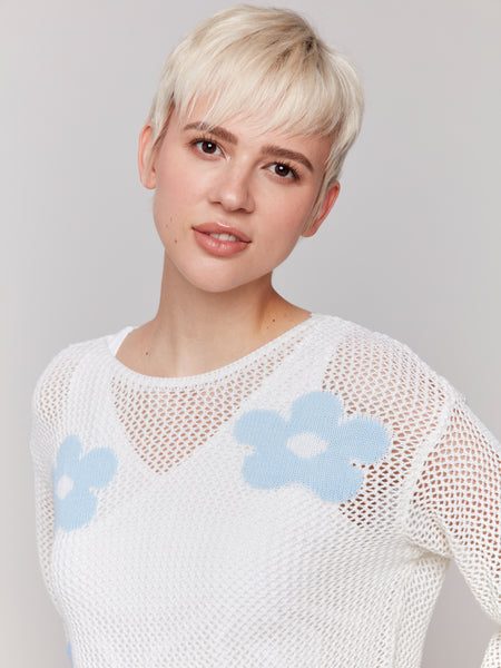 CHARLIE B C2793 JACQUARD KNIT CROCHET SWEATER- 2 COLOURS