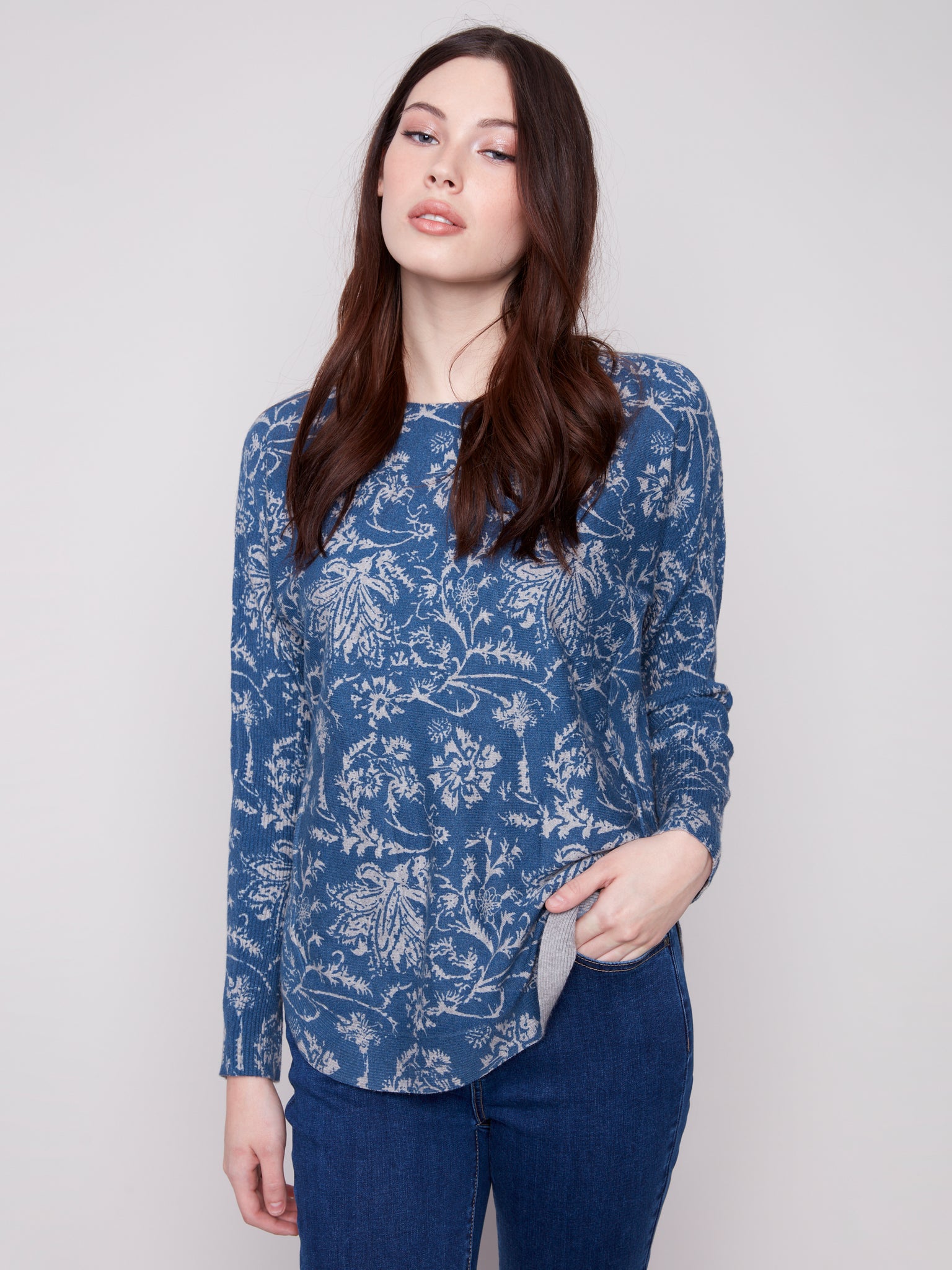 CHARLIE B C2818P PRINTED ROUND HEM SWEATER- 2 COLOURS