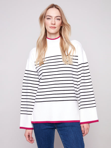 CHARLIE B C2824B YARN DYE STRIPE MOCK NECK SWEATER WITH SIDE SLIT DETAILS