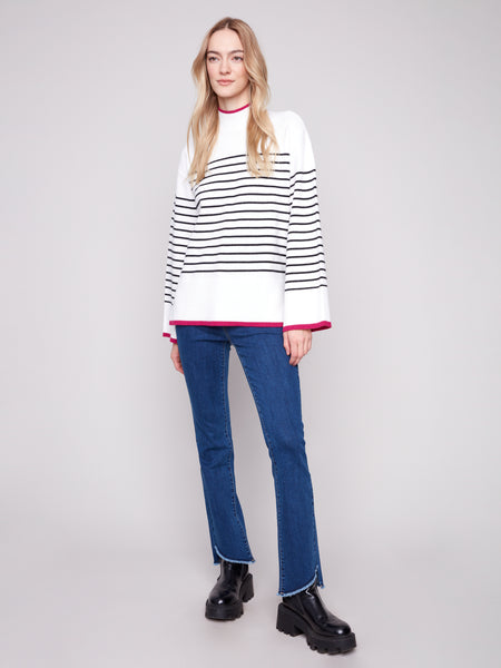 CHARLIE B C2824B YARN DYE STRIPE MOCK NECK SWEATER WITH SIDE SLIT DETAILS