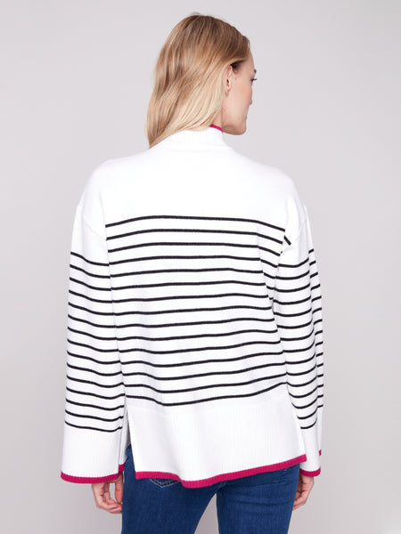 CHARLIE B C2824B YARN DYE STRIPE MOCK NECK SWEATER WITH SIDE SLIT DETAILS