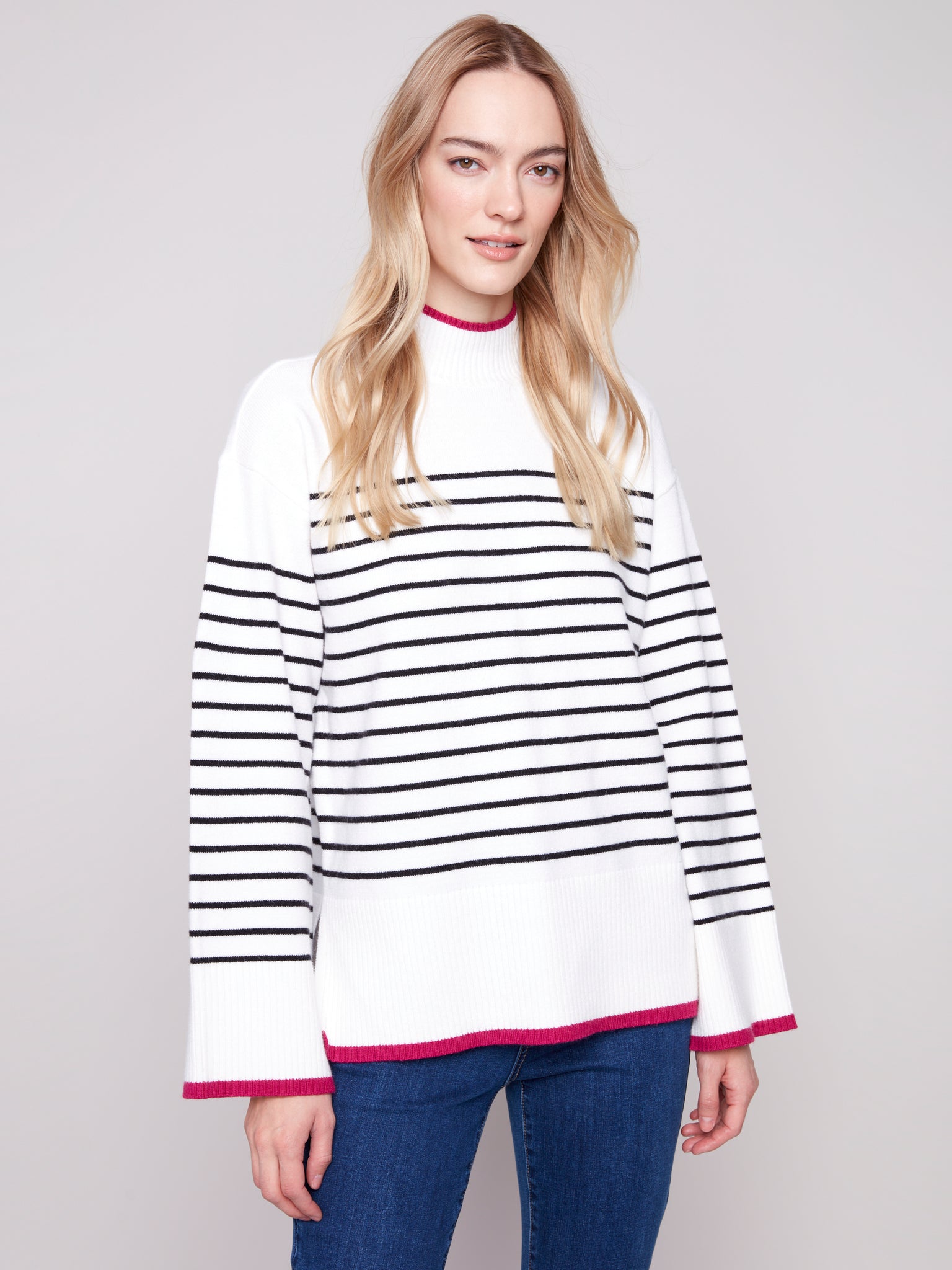 CHARLIE B C2824B YARN DYE STRIPE MOCK NECK SWEATER WITH SIDE SLIT DETAILS
