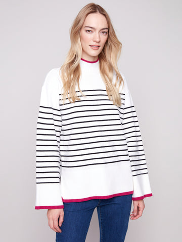 CHARLIE B C2824B YARN DYE STRIPE MOCK NECK SWEATER WITH SIDE SLIT DETAILS