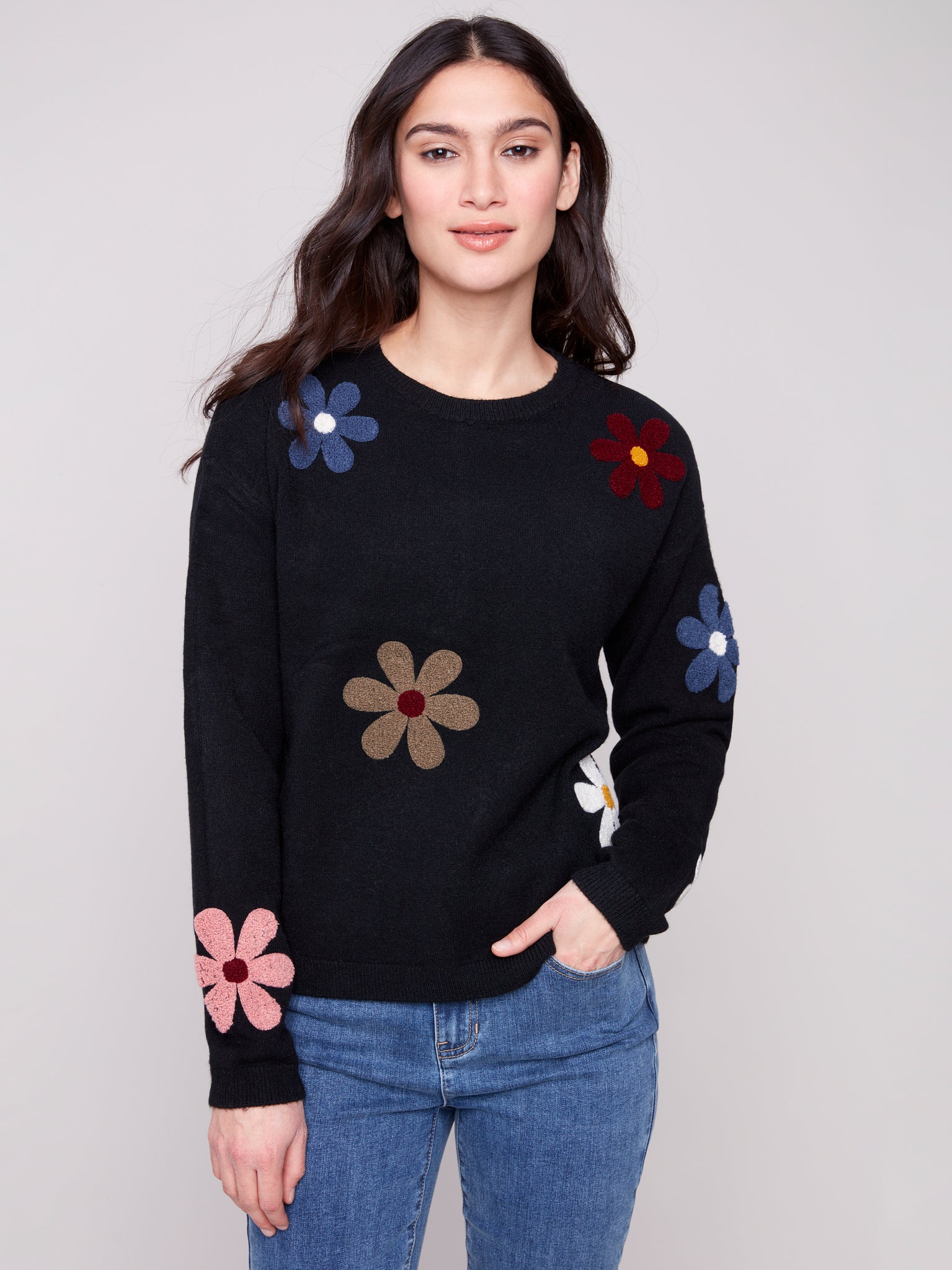 CHARLIE B C2829 SUPER PLUSH SWEATER WITH BOUCLE FOWERS