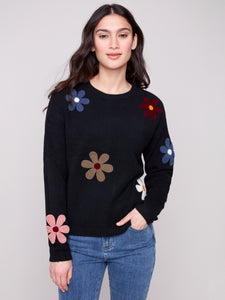 CHARLIE B C2829 SUPER PLUSH SWEATER WITH BOUCLE FOWERS