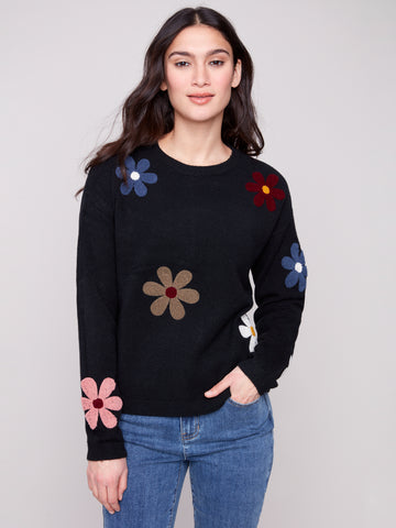 CHARLIE B C2829 SUPER PLUSH SWEATER WITH BOUCLE FOWERS