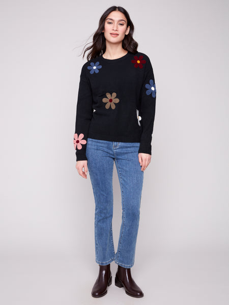 CHARLIE B C2829 SUPER PLUSH SWEATER WITH BOUCLE FOWERS